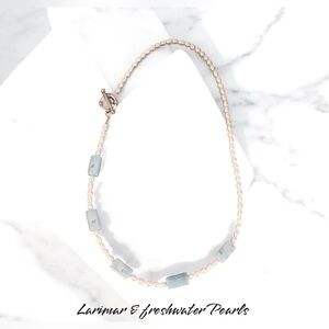 Genuine Larimar Marin freshwater pearls with a silver toggle clasp